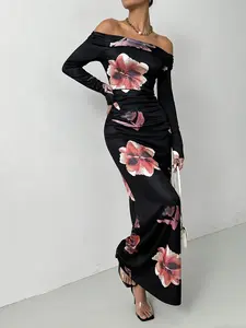Off-shoulder long-sleeve fitted floral print satin floor-length dress, with a body-hugging, slim-fit cut, leaning towards a mature and sexy style, suitable for dinners, dates, and more, Womenswear