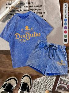 two-piece set women's donjulio1942 letter print crewneck short sleeve tee & shorts set, casual round neck t-shirt & track shorts, summer clothes for daily wear, lady suits, summer beach set