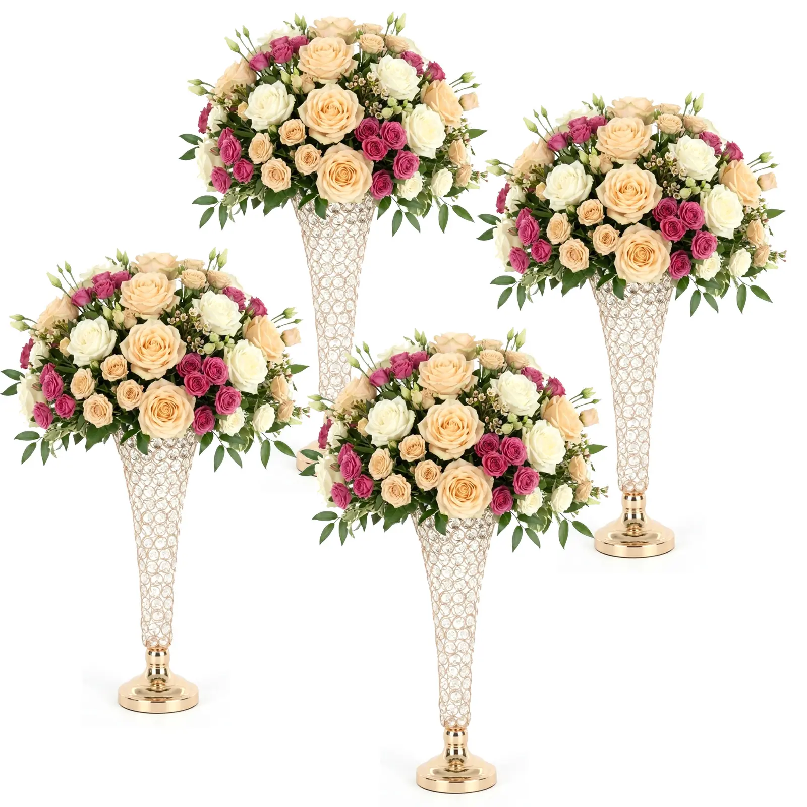 4-Pcs Classic Crystal Floral Vase Set with Gold Metal Trumpet Stand - Home Decor for Wedding Centerpieces, Holiday Table Displays - Ideal Gift for Celebrations