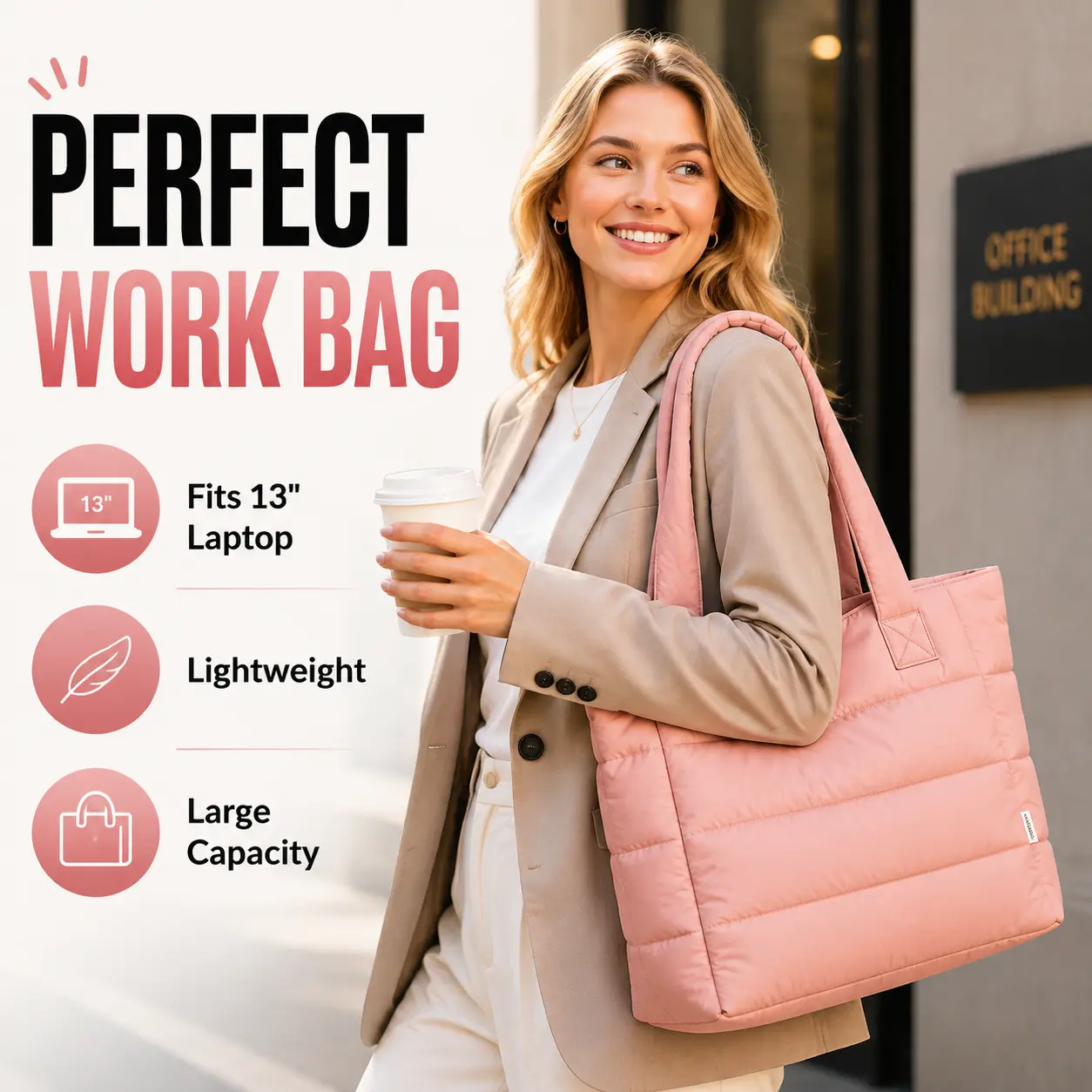 Bagstellar Puffer Tote Bag for Women, Lightweight Laptop Work Bag, Large Capacity Shoulder Bag with Zipper for Office & Travel