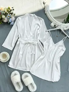 Women's Solid Belted Satin Pyjama Two-piece Set, Long Sleeve Cami Night Dress & Robe Pj Set, Women's Sleepwear for All Seasons