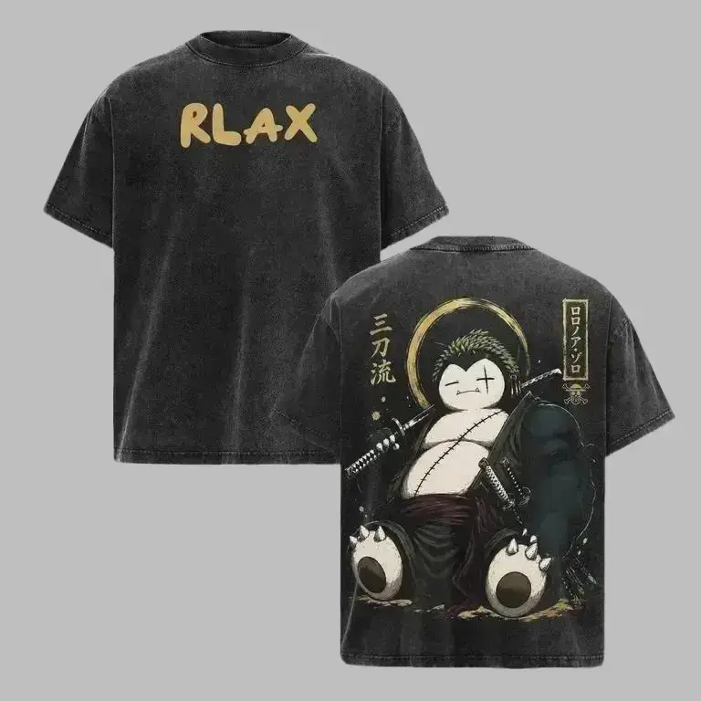 Men's Snorlax & 1 Piece Roronoa Zoro Menswear Shortsleeve Crewneck Graphic Tee - Vintage Graphic Tees, Loose Anime Streetwear, 3-Sword Look, Japanese Kanji Washed Print, Oversized Fit, Printed Art, Kanji Graphics, Crew Neck