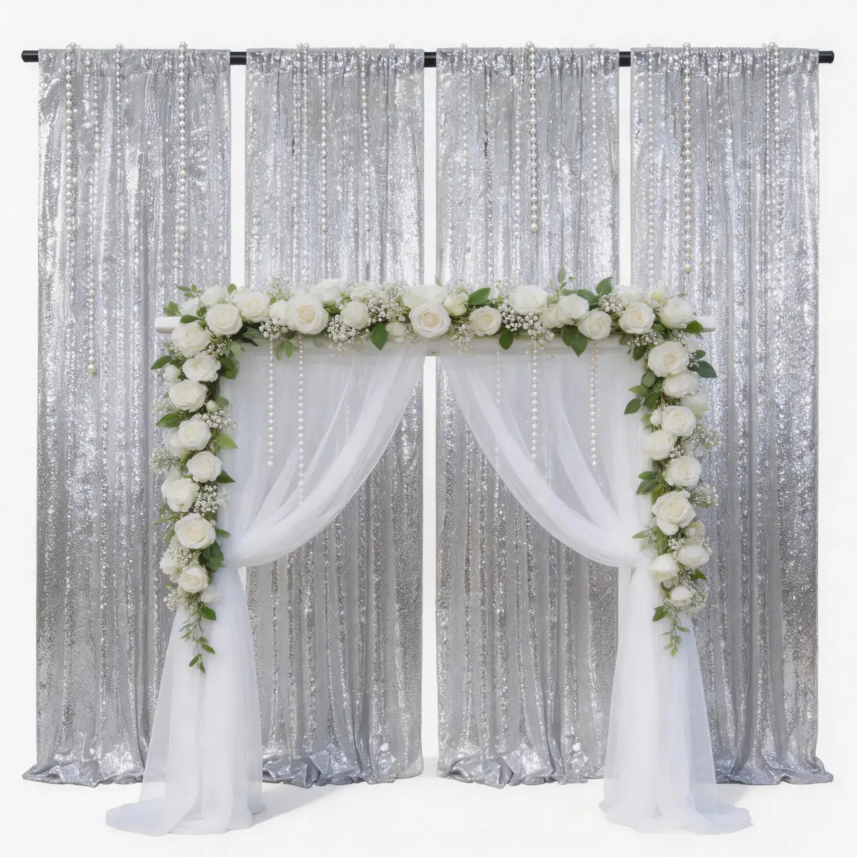4 Pcs 2ft x 8ft Silver Sparkle Sequin Backdrop Curtains, Glamorous Glitter Fabric for Bridal Shower, Birthday Party, Ceremony, Photo Booth Backdrop Decoration