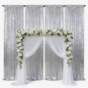 4 Pcs 2ft x 8ft Silver Sparkle Sequin Backdrop Curtains, Glamorous Glitter Fabric for Bridal Shower, Birthday Party, Ceremony, Photo Booth Backdrop Decoration