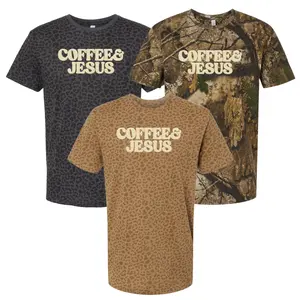 United Monograms Women's Short-Sleeve Round Neck Cotton Casual T-Shirt, PUFF 'Coffee & Jesus' Print, Realtree Camo/Leopard Design