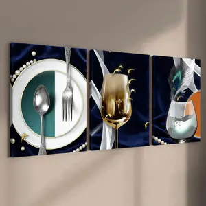 3-count wooden frame canvas, retro light luxury tableware three-piece decorative poster Set, fashionable family poster, modern living room decoration, suitable for corridor and bedroom walls, waterproof art