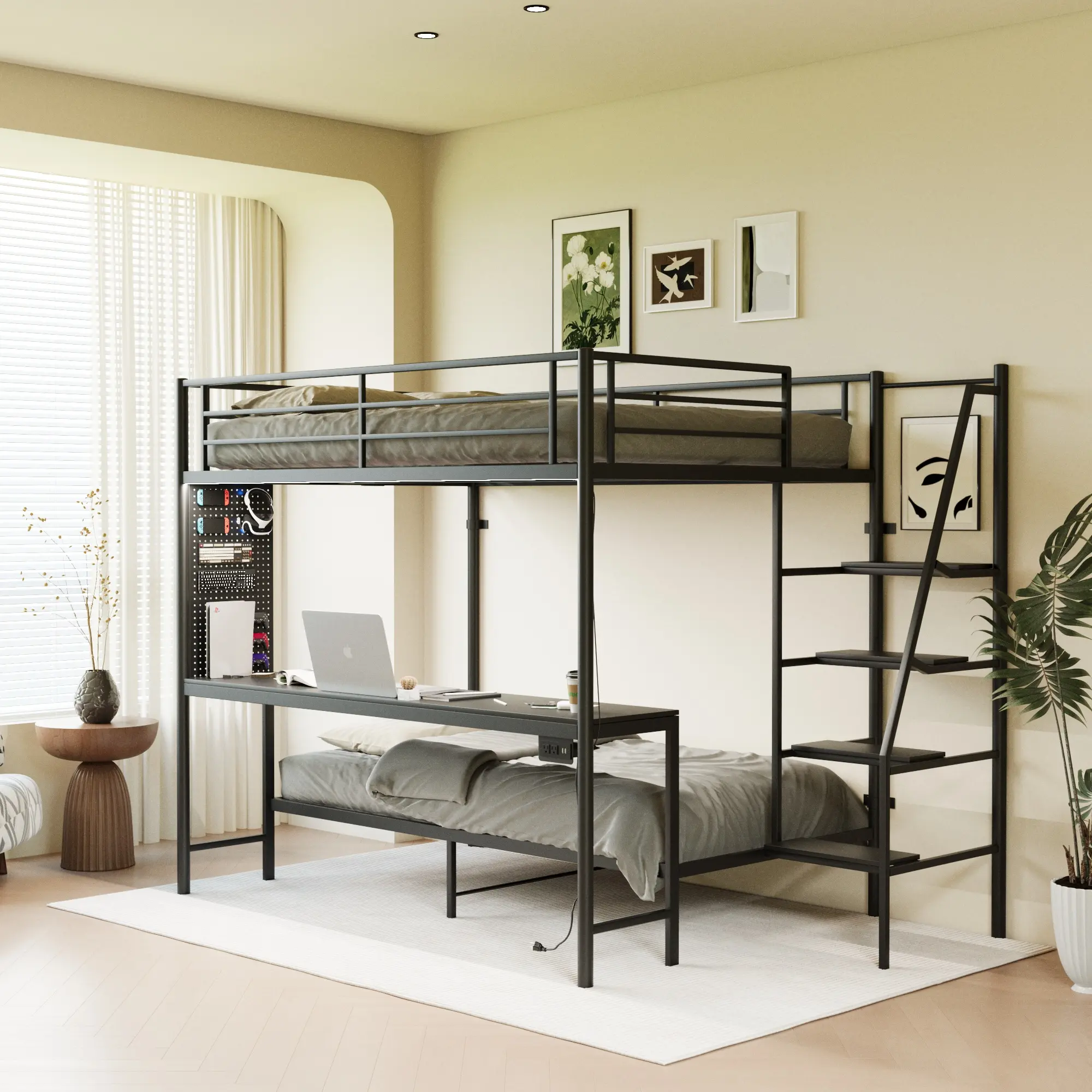 Eyisean Full Over Twin Size Metal Bunk Bed, Durable Beds Frame with Guardrail & Wide Stairs, Space-Saving Loft Bed with Desk & LED, Charging Station, No Box Spring Needed, Easy Assembly for Adults