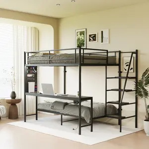 Eyisean Full Over Twin Size Metal Bunk Bed, Durable Beds Frame with Guardrail & Wide Stairs, Space-Saving Loft Bed with Desk & LED, Charging Station, No Box Spring Needed, Easy Assembly for Adults