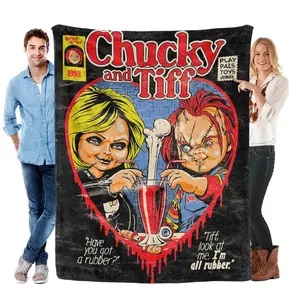 Chucky and Tiff Horror Movie Flannel Blanket Vintage Comic Style Throw with Iconic Killer Doll Couple Design – Ultra-Soft, Cozy, and Perfect for Horror Fans, Bedroom Decor, and Gifting, Ideal for Year-Round Snuggling.