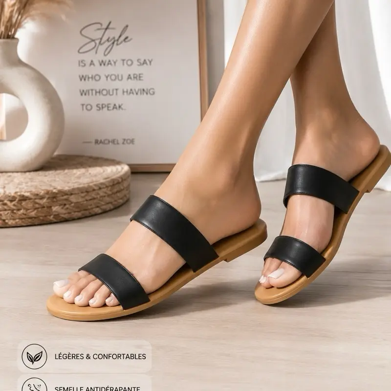 Women’s Double Strap Flat Slide Sandals – Comfortable Open Toe Casual Slip-On Sandals