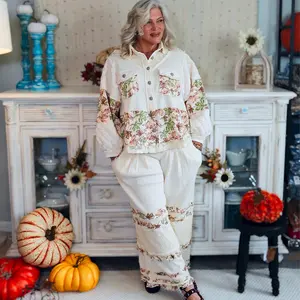 Pearl Bloom Cream Floral Print Balloon Sleeve Jacket & Pants Set for Women - Medium Size Outdoor Fashion Outfit with Matching Accessories
