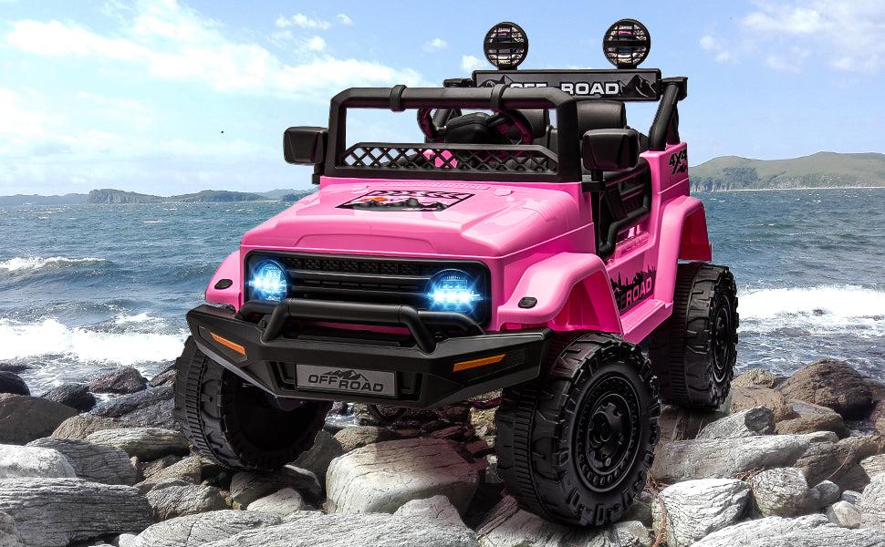 GARVEE Ride On Truck Car with Parent Remote, 12V Electric Vehicle for Youngsters, Features LED Lights, Bluetooth, 3 Speed Settings, and Spring Suspension, Available in Pink and White
