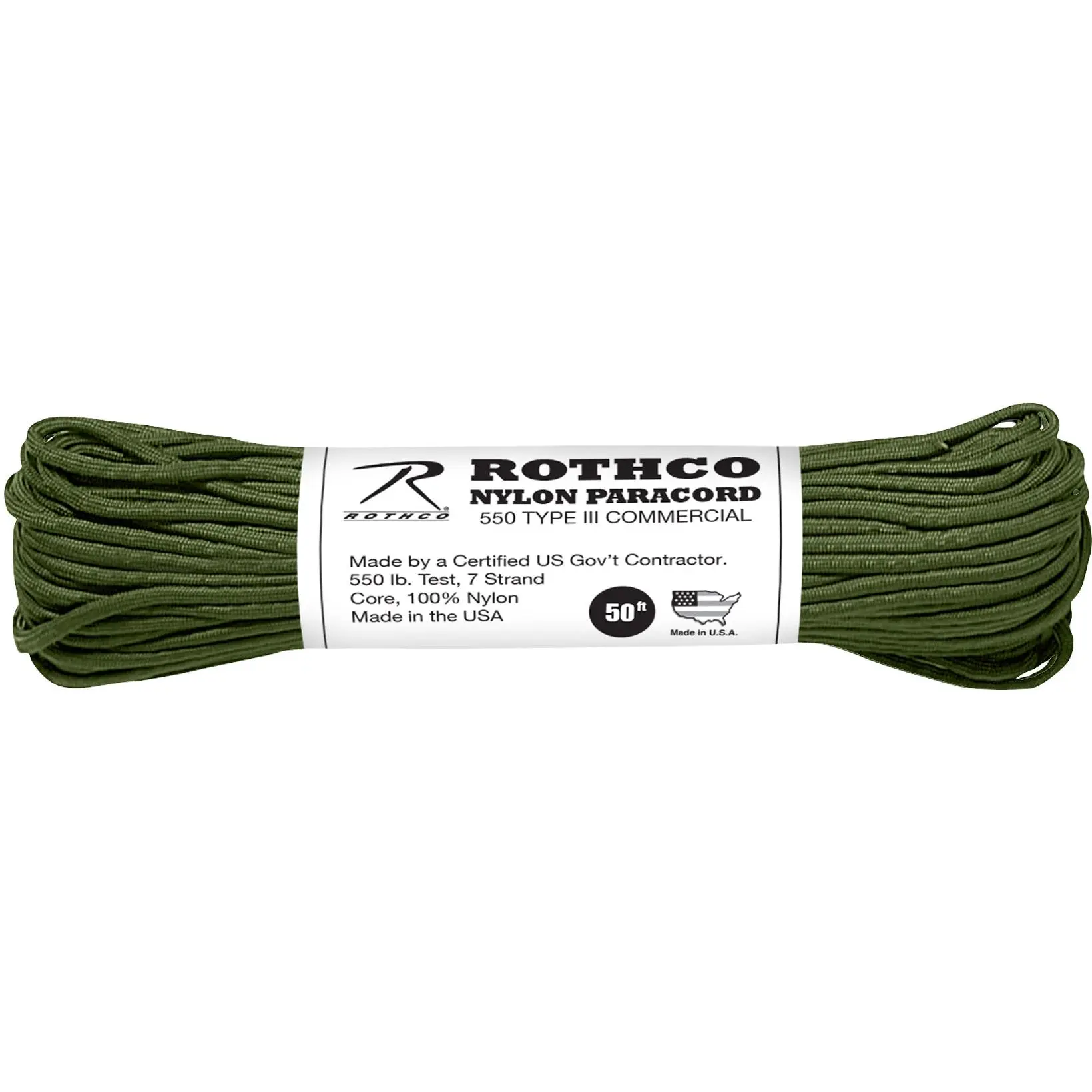 Olive Drab Type III Nylon Paracord, 550 LB High Tensile Strength, 100% Nylon Material, 5/32 In Diameter, 7-Strand Core, GSA Compliant, Ideal for Survival Gear, Bracelets, Camping, Key-Chains