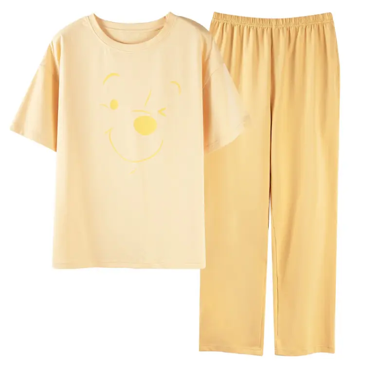 Cotton Women Pajama Set 2 Pcs Short Sleeve Pullover Top Sleepwear Long PJ Pants