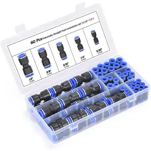 60Pcs Quick Connect Air Hose Fittings 5/32 1/4 5/16 3/8 1/2 inch Quick Release Pneumatic Push to Connect Fittings Kit Air Line Fittings for 5/32 1/4 5/16 3/8 1/2 inch Tube