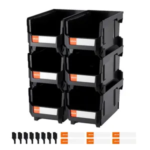 Black Stackable Plastic Storage Boxes with Label Stickers, 6-Pack, 14.8x8.5x7.1in (14.8" Size), Front-Open with Pillar Supports, Smooth Lightweight Organizer Bins for Closet, Small Parts (Tools & Hardware Hand Tool Organization)