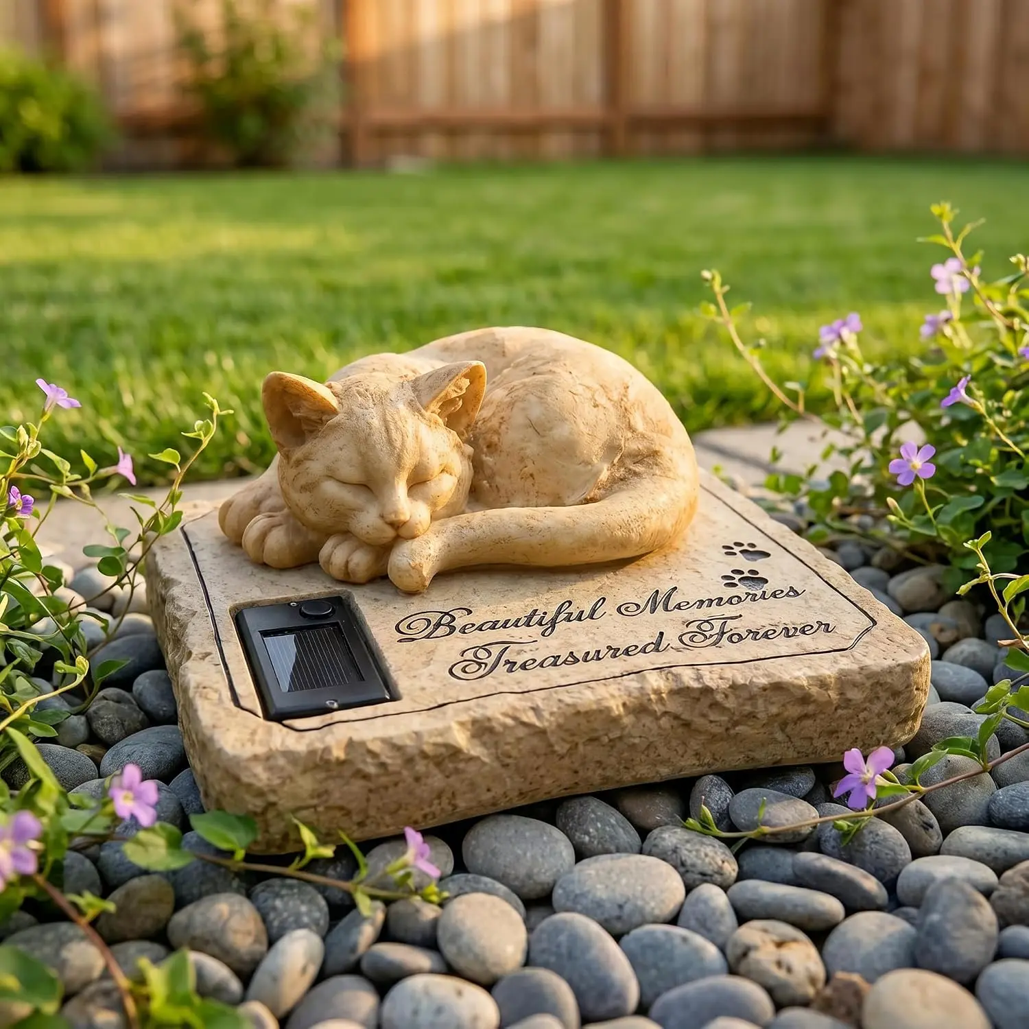 Solar Light Cat Memorial Garden Stone with Sleeping Kitty Resin Statue - Auto-Glow at Night, Outdoor Grave Marker Headstone for Cat Sympathy Loss Gifts