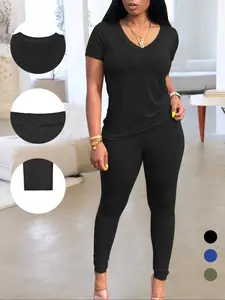 Women's Solid V Neck Tee & Skinny Pants Two-piece Set, Casual Comfy Fit Short Sleeve T-shirt & Pants for Daily Wear, Ladies Summer Clothes