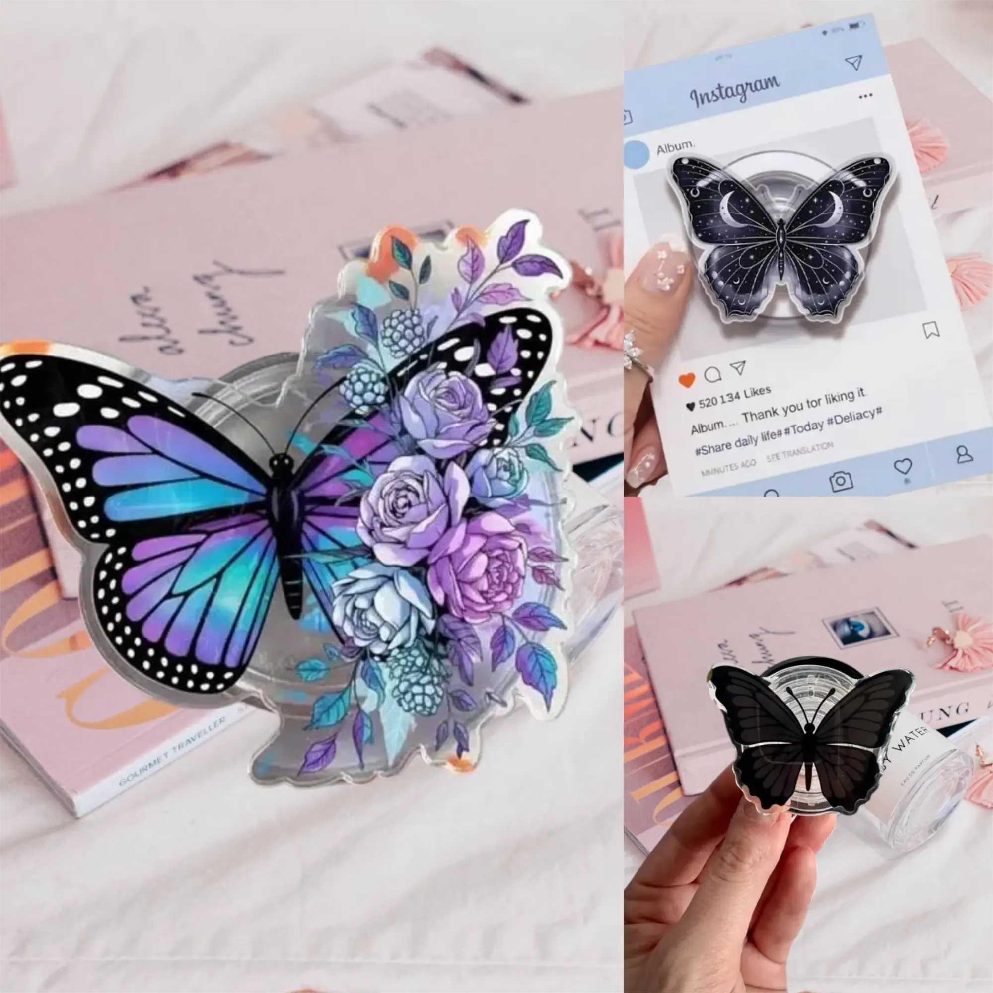 Whimsigoth Butterfly Acrylic Phone Grip | Aesthetic Gothic Moon Griptok Clear E-Reader Stand Holder for Kindle iPhone
