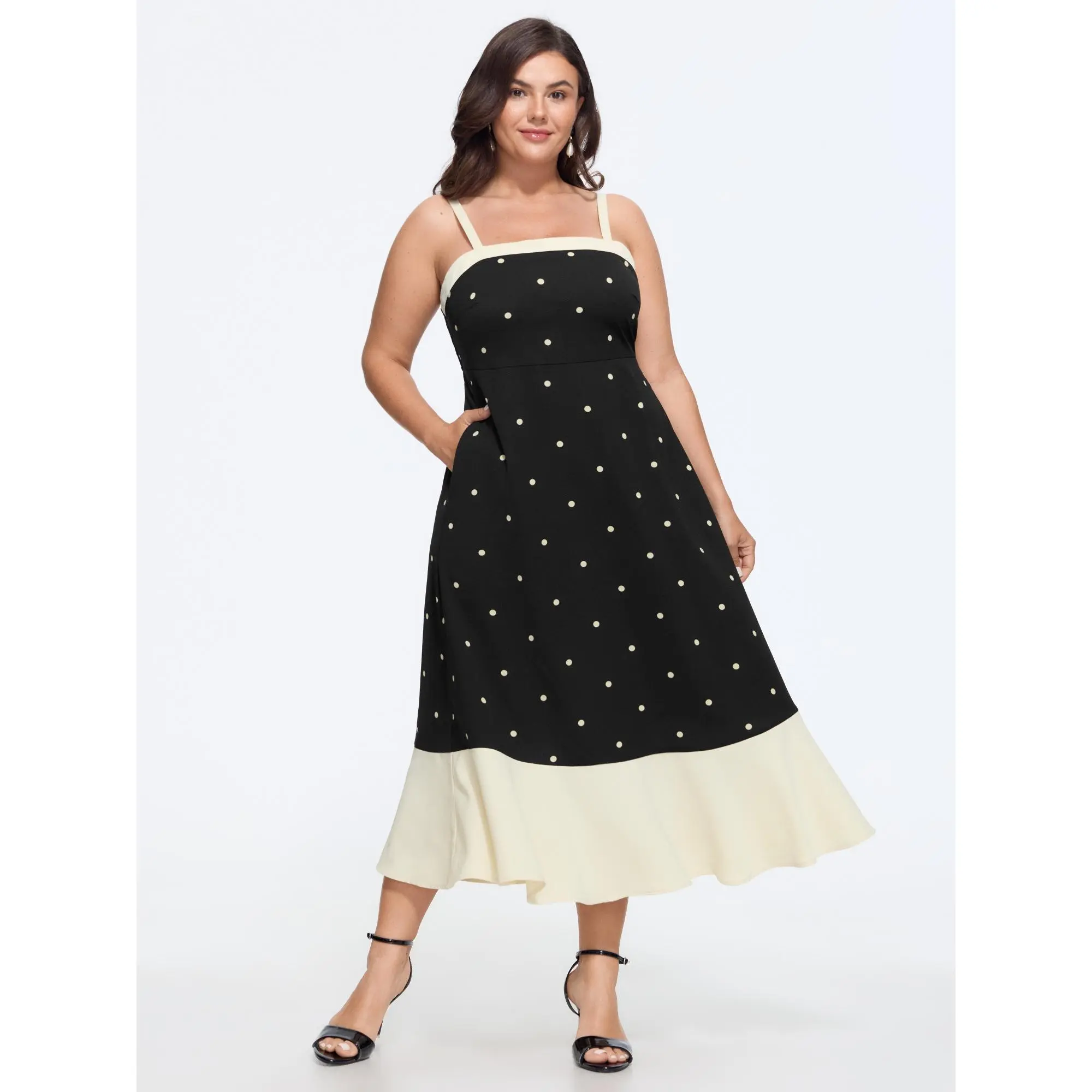 BloomChic Plus Size Polka Dot Midi Dress in Smooth Polyester, a Timeless Casual Garment with a Shirred Bodice & Color Block Hem, Fabric, Fit, Women, Casual Wear