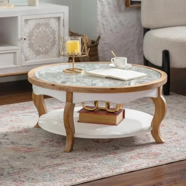 Bellemave 31.50" Round Coffee Table - Solid Wood & MDF Build, Tempered Glass Top, 2-Tier Open Storage, Farmhouse Accent Table, Space Saving Apartment Friendly Furniture for Living Room (White & Natural Wood Finish), Space Saving Furniture, Apartment Frien