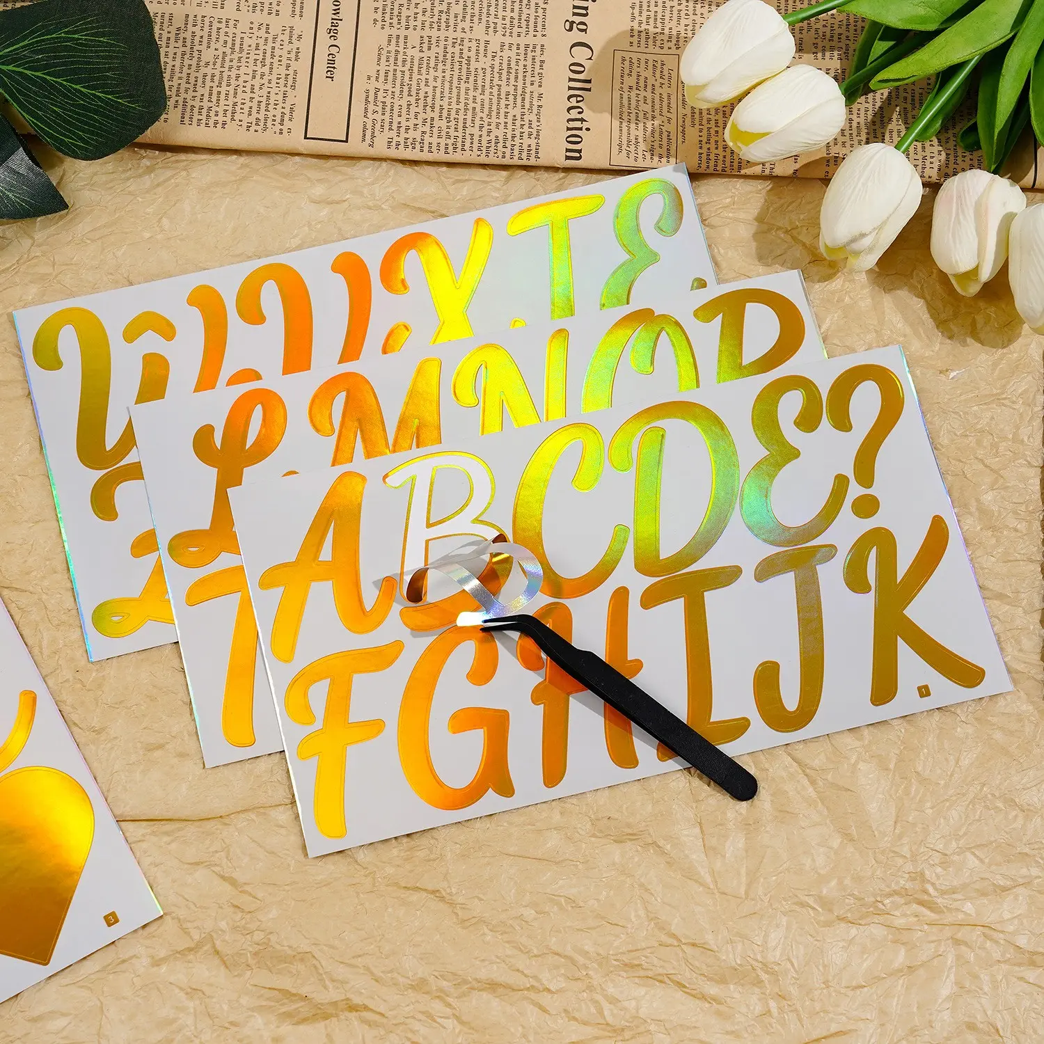 Holographic Letter Stickers, 60pcs/12 Sheets, 2.5 Inch Waterproof Vinyl Alphabet Decals, Laser Silver/ for Car Mailbox Decor, Hologram Stickers