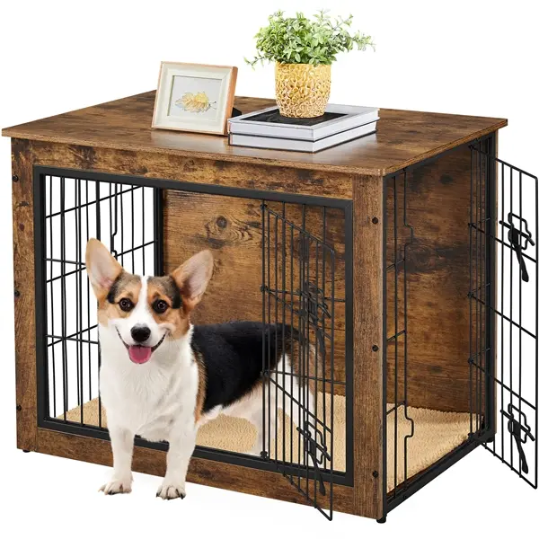 Costoffs 32'' W Large Dog Crate Furniture for Small to Medium Dogs, Rustic Industrial Pet Kennel with Double Door Design, Comfy Plush Mat, Sturdy Metal & Wood Frame, Stylish Side Table & Cozy Pet House