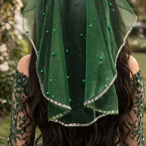 Handmade Green glitter Pearl Veil  Elegant Church Head Covering | Lightweight Tulle Veil