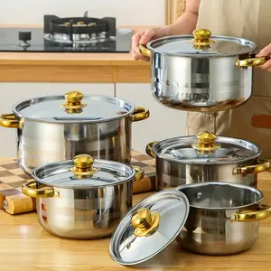 5-Piece Golden Stainless Steel Cookware Set - Durable, Multi-Purpose, Easy to Clean, Compatible with All Stoves, Non-Stick,