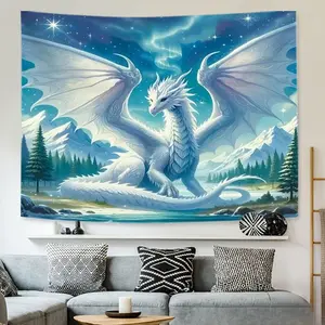 Mythical White Flying Dragon Tapestry Room Decor Wall Hanging Polyester Fiber Tapestry with Free Accessories Gift for Friends