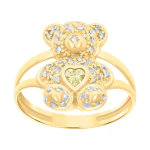 10kt Yellow Gold Womens Yellow White Heart Round Cubic-Zirconia August Birthstone Teddy Bear Ring