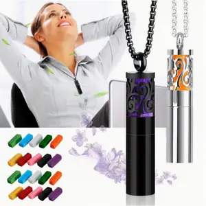 2pcs Black + Silvery Stainless Steel Aromatherapy Necklace Pendant, Essential Oil Pendant Necklace with 20 Felt Pads, Necklace for Men Women, Personality Daily Wear Jewelry