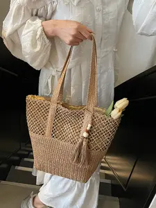 Trendy Straw Woven Patchwork Fringe Minimalist Tote Bag, Large Capacity Versatile Commuter Shoulder Bag, Lightweight Women's Handbag