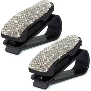 Glasses Holders for Car Sun Visor, 2 Pack Bling Crystal Rhinestones Fashion Car Eyeglasses Sunglasses Hanger Mount with Ticket Card Clip for Women Girls (S