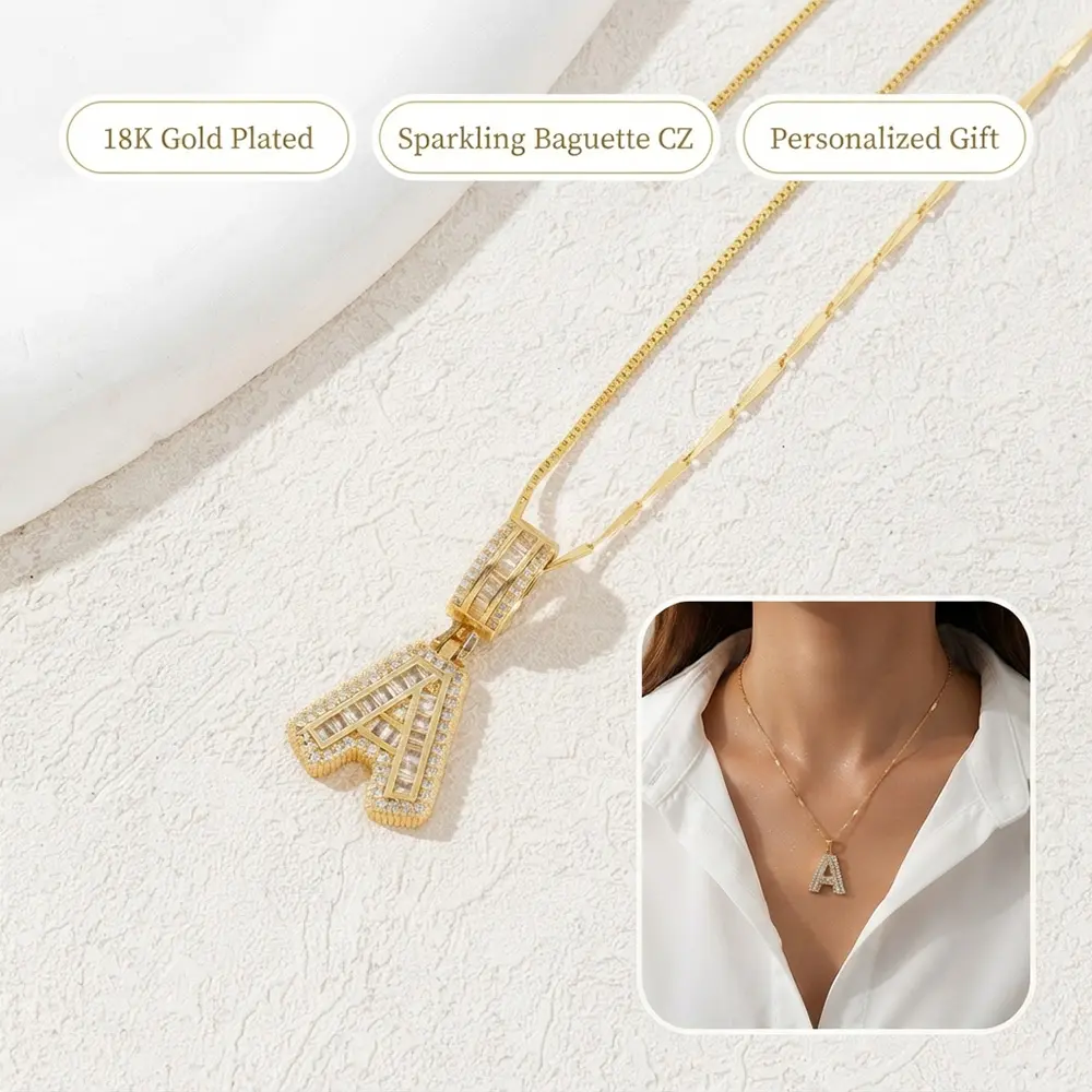 RENFUGUI 18K Gold Plated Initial Necklace for Women, Sparkling Baguette Cubic Zirconia Letter Pendant Necklace, Personalized Alphabet Name Jewelry Gift for Her, Round Medallion & Block Letter A-Z