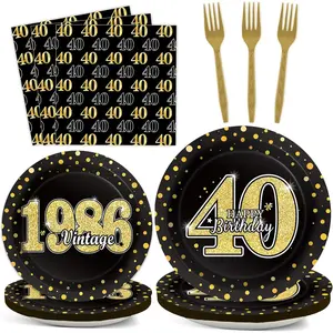 40th Theme Bithday Party Tableware  1986 Party Supplies 40 Year Old Birthday Decorations Plates Napkins Forks Black and  Dinnerware Favors for Men or Women