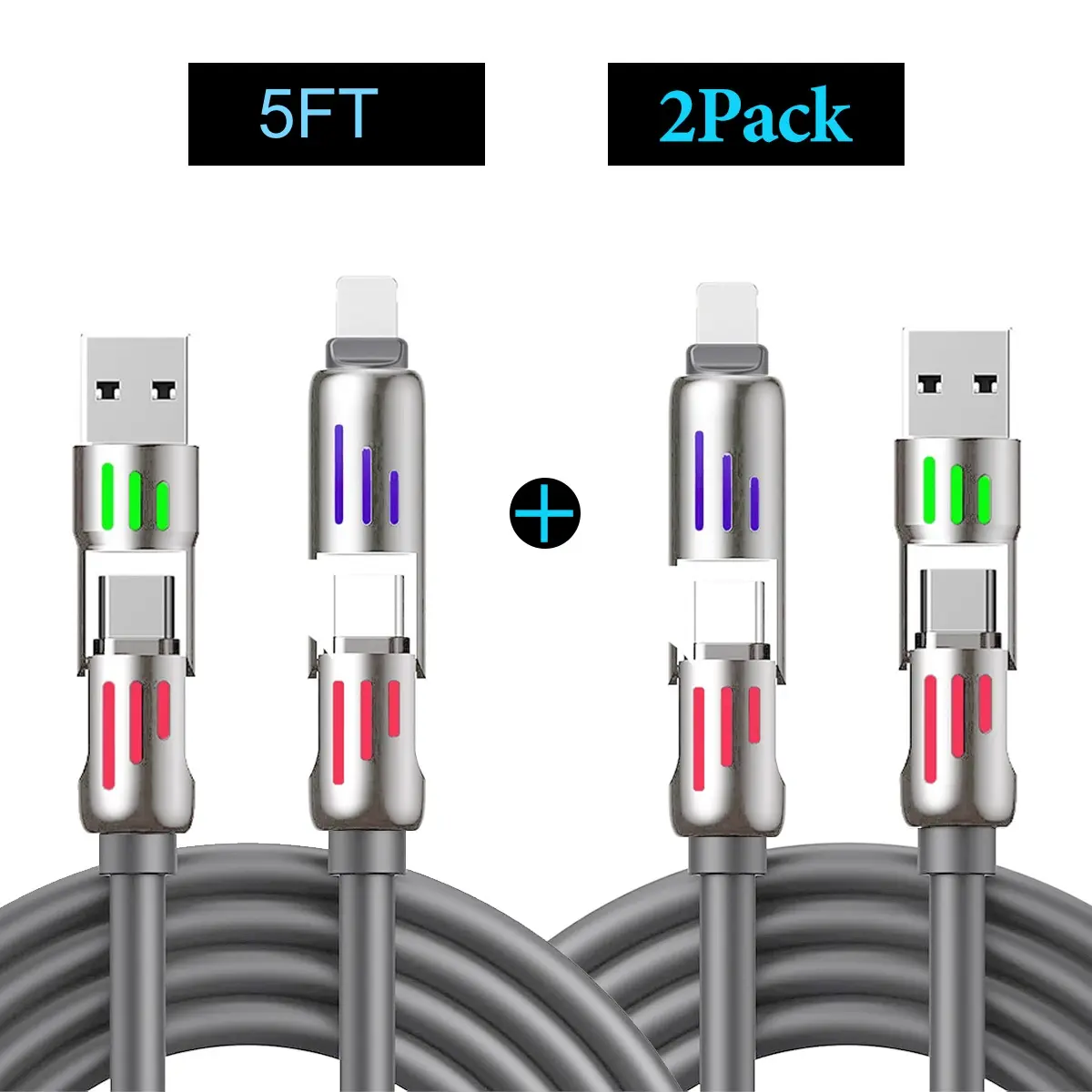 [Flash Sale] 2pcs 240W USB C Cable, 5FT Multi Charger Cable with Breathing Light, PD 5A Fast Charging & Data Sync, 4-in-1 Silicone, Compatible with iPhone, Laptop, Samsung Accessories