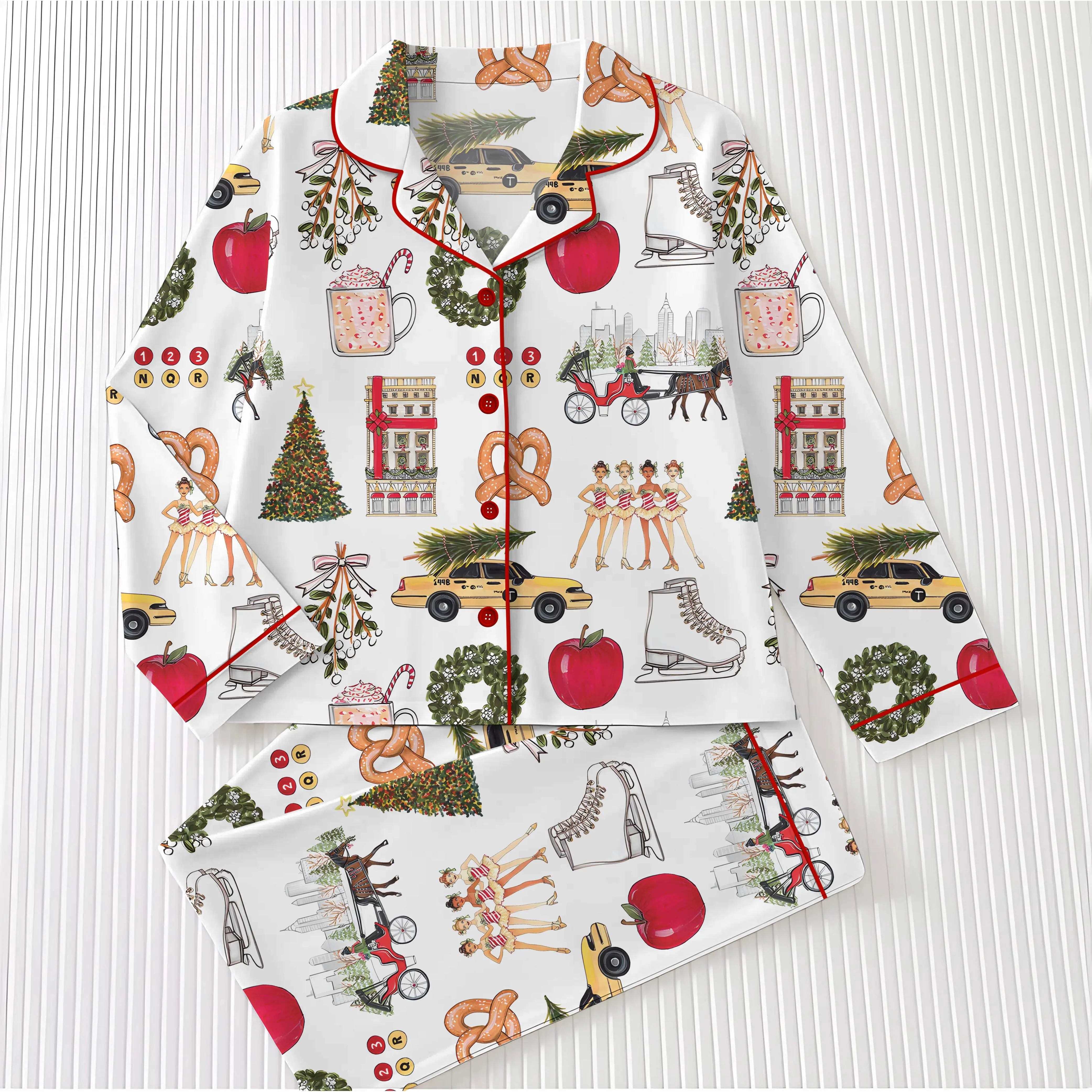 Christmas In New York Pajama Set, Christmas Sleepwear Gifts Nightwear Pajama Satin, In New York Nightwear Set for Her Pajama, Nighwear Set