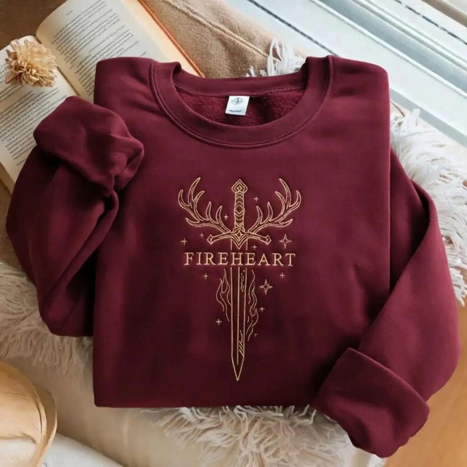 EMBROIDERED Fireheart Sweatshirt, Throne of Glass Merch, Aelin Galathynius Shirt, Romance Fantasy Reader Shirt Bookish Shirt,To Whatever End