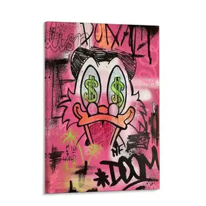 Graffiti Money Duck Canvas Wall Art, Street Pop Art Poster with Dollar Signs, Pink Trendy Room Decor for Bedroom, Modern Luxury Cash Duck Wall Decor, Hypebeast Office Canvas Prints