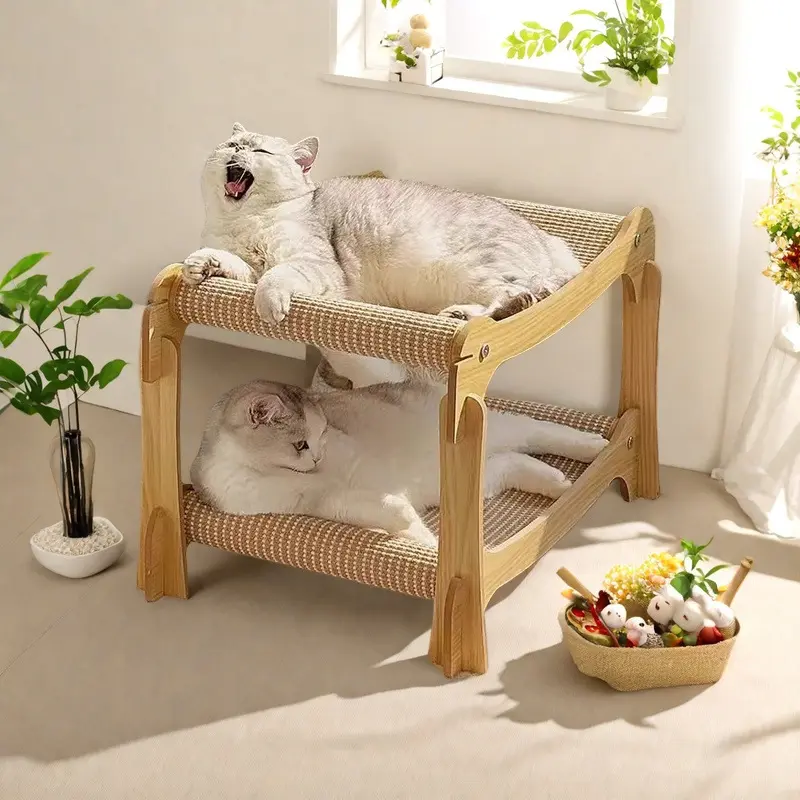 2 Tier Cat Bed with Sisal Scratcher Wooden Cat Lounge Cat Hammock Cat House Durable Scratch Resistant Bed for Indoor Cats