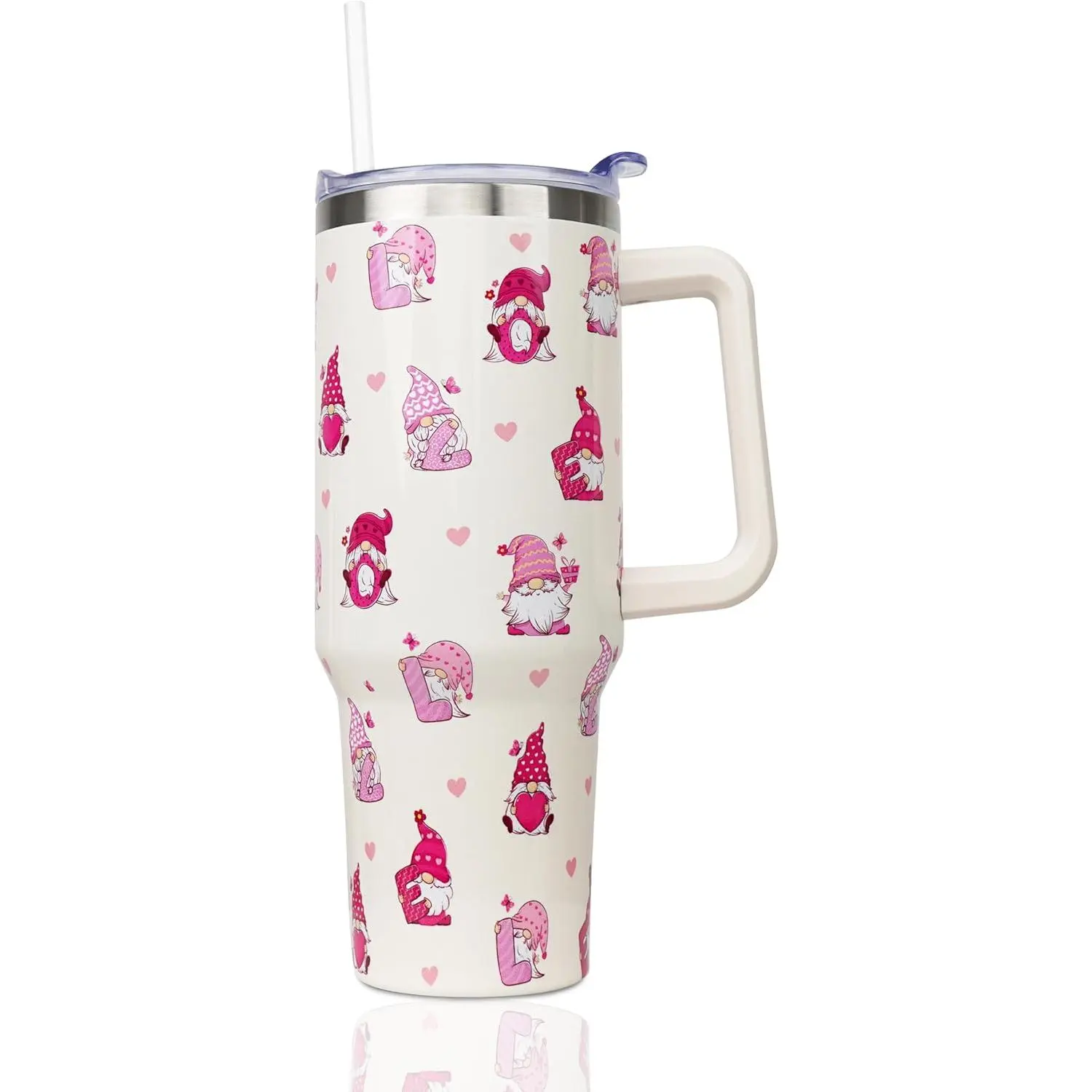 40oz Double Wall Stainless Steel Vacuum Insulated Flask Tumbler - Romantic Gnome Heart Motifs, Leak-Proof Lid, Handle, Straw, Anti-Scalding, Portable Drink Container, 500-1000 ml Valentine's Day Gift for Her, Flasks