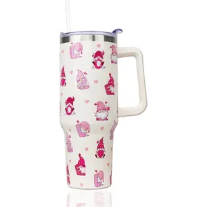 40 oz Valentines Tumbler with Handle and Straw, Stainless Steel Insulated Gnome Heart Tumbler 40 oz, Reusable heart tumbler with Leak Proof Lid, Valentines Gifts for Her