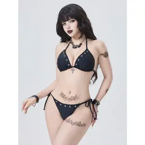 Zesty ZESTY NOX Gothic Style Summer Vacation Outfit 2026 Season Gothic Punk Avant-Garde Sexy Bombshell Women's 2-Piece Swimwear Set Street Chic Rivet Decor Black Silver Bikini