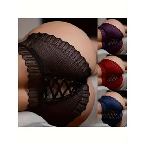 4pcs Lace Jacquard Breathable Hipster Panties Adjustable Ties Lifting Fit Plus Size Charming Underwear Womenswear Basic