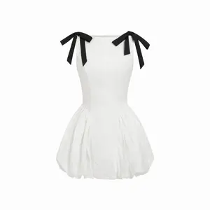 Cider Cotton Boat Neck Embroidery Bowknot Ruched Bubble Mini Dress