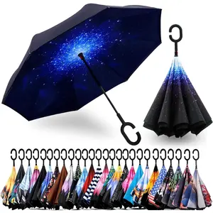 Inch inverted reverse upside down umbrella extra large double canopy vented windproof waterproof stick golf umbrellas with cshape handle