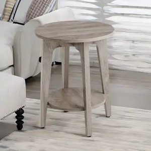 Round End Table Farmhouse Small Side Table Living Room Corner Table Drink Table Greige