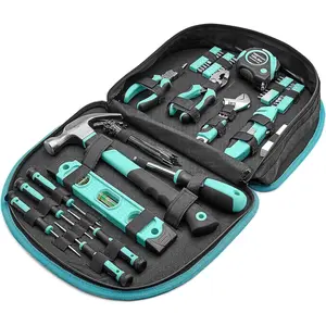 104-Piece Home Repair Household Tool Set with Easy Carrying Round Pouch, Portable Hand Tool Kit, Turquoise, 14.4 x 11.4 x 3 inches