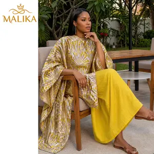 2pcs Luxury Haya Design Yellow Brocard Boubou Dress With Soft Lining For Arican Musilim Women Eid Wedding Party Long Robe